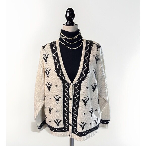 Vintage‎ 90's Nordic Sweater L  Cardigan Ramie Cotton Cream Black Knot Buttons - Picture 1 of 16